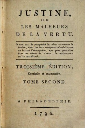 Justine ou les malheurs de la vertu, 2. - 252 S. : 2 Ill.