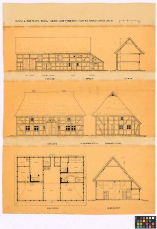 Holm bei Treptow (Kreis Greifenberg): Hof Reinhold Lemke (1822). - Stall (Hof-Seiten-Ansicht, Querschnitt). - Wohnhaus (Hof-Seiten-Ansicht, Nord-Ost-Giebel-Ansicht, Grundriss, Querschnitt)