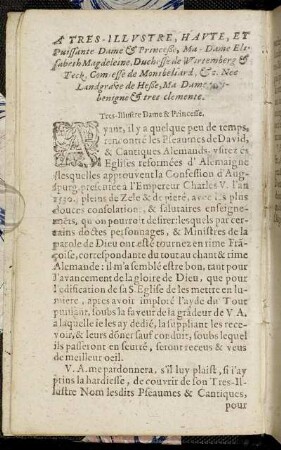 A Tres-Illustre, Haute, Et Puissante Dame & Princeße, Ma-Dame Elisabeth Magdeleine, Duchesse de Wirtemberg & Teck, Comtesse de Montbeliard, &c. Nee Landgrave de Heße, Ma Dame tres benigne & tres clemente