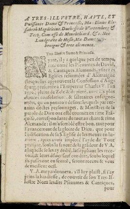 A Tres-Illustre, Haute, Et Puissante Dame & Princeße, Ma-Dame Elisabeth Magdeleine, Duchesse de Wirtemberg & Teck, Comtesse de Montbeliard, &c. Nee Landgrave de Heße, Ma Dame tres benigne & tres clemente