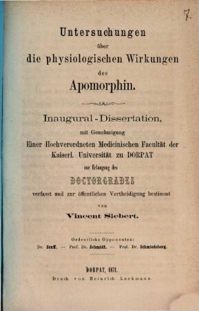 Untersuchungen über die physiologischen Wirkungen des Apomorphin