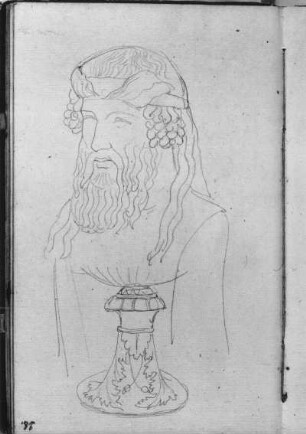 Herme eines bekränzten Dionysos : Rietschel, Ernst. Herme eines bekränzten Dionysos. Skizzenbuch E, fol. 28. Bleistift, Bütten; 17,4 x 10,8 cm (Blattgröße). August 1830/März 1831. Privatbesitz. WVZ S. 310