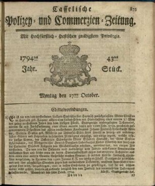 43tes Stueck, Montag den 27ten October 1794