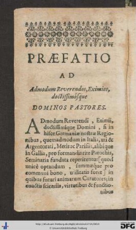 Praefatio Ad Admodum Reverendos, Eximios, doctissimósque Dominos Pastores.