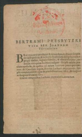 Bertrami Presbyteri Vita Per Joannem Trithemium.