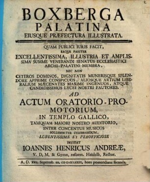 Boxberga Palatina Eiusque Praefectura Illustrata
