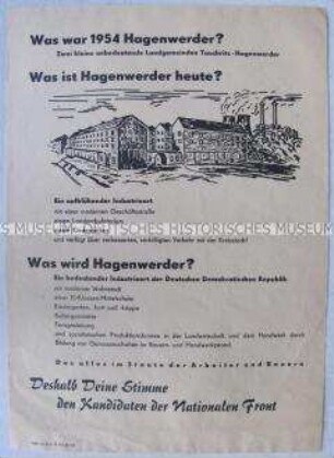 Illustriertes Propagandaflugblatt der Nationalen Front zur Volkskammerwahl 1958