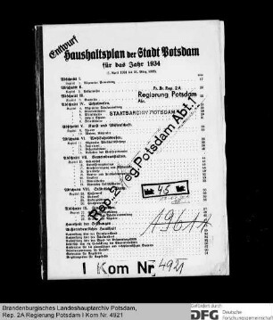 Haushaltsplan der Stadt Potsdam für das Rechnungsjahr 1934