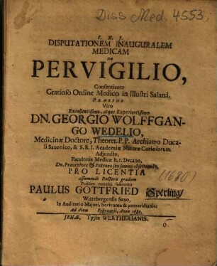 Disputationem Inauguralem Medicam De Pervigilio