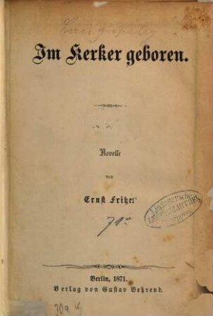 Im Kerker geboren : Novelle von Ernst Fritze