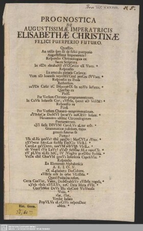 Prognostica De Augustissimae Imperatricis Elisabethae Christinae Felici Puerperio Futuro