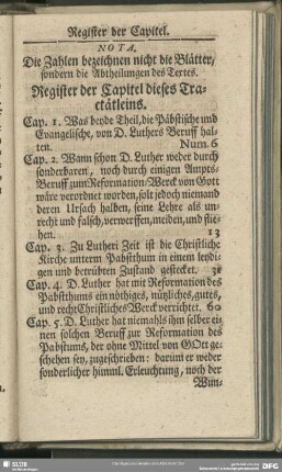 Register der Capitel dieses Tractätleins