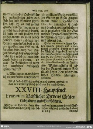 XXVIII. Hauptstuck. Francisca Geistlicher Ordens Leueten Liebhaberin Gutthaeterin