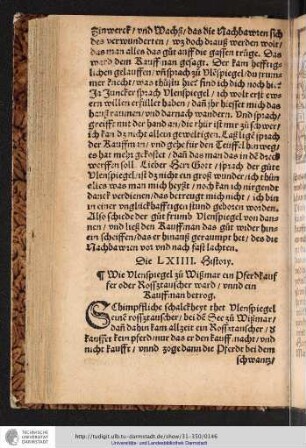 Die LXIIII. History Wie Vlenspiegel zu Wißmar ein Pferdkauffer oder Kossztauscher ward/vnnd ein Kauffmann betrog