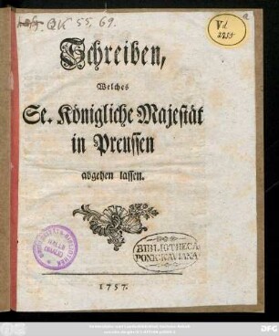 Schreiben, Welches Se. Königliche Majestät in Preussen abgehen lassen