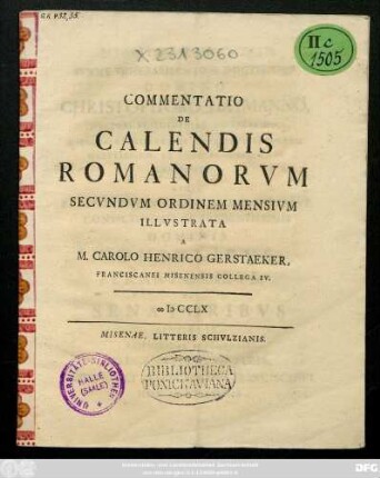 Commentatio De Calendis Romanorvm Secvndvm Ordinem Mensivm
