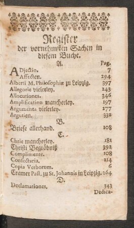 Register der vornehmsten Sachen in diesem Buche