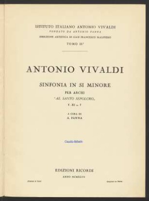 Sinfonia in Si minore : per archi : "Al Santo Sepolcro" : F. XI n. 7