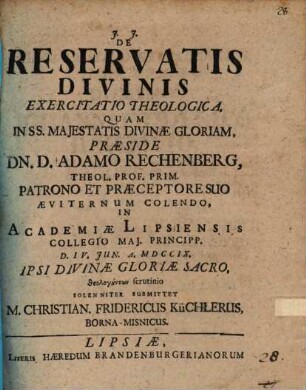De Reservatis Divinis Exercitatio Theologica