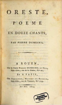 Oreste : Poeme en douze chants