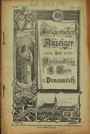 Antiquarischer Anzeiger der Buchhandlung L. Auer in Donauwörth. 134. 1893