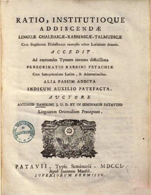 Ratio institutioque addiscendae linguae chaldaicae-rabbinicae-talmudicae