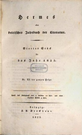 Hermes oder kritisches Jahrbuch der Literatur. 1823,4
