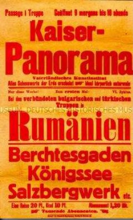 Maueranschlag mit Werbung für Vorführungen im Kaiserpanorama über Rumänien und die Alpen