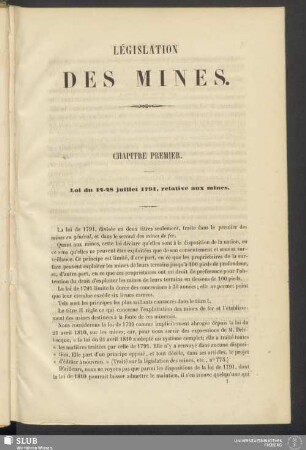 Chapitre premier. Loi du 12-28 juillet 1791, relative aux mines