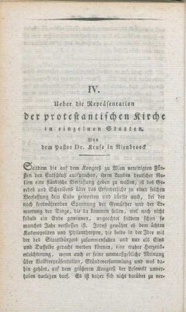 IV. Ueber die Repräsentation der protestantischen Kirche in einzelnen Staaten. Von dem Pastor Dr. Kruse in Nienbroock.