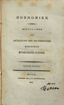 Bonhomien : Geschrieben bei Eröffnung der neuerbauten Rigischen Stadtbibliothek
