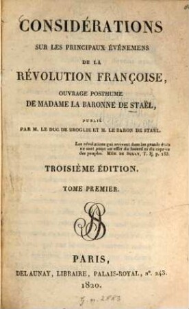 Considérations sur les principaux événemens de la révolution françoise : ouvrage posthume, 1