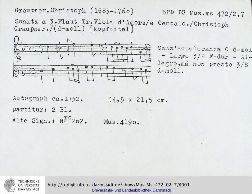 Sonata a 3. Flaut Tr. Viola d' Amore/e Cembalo