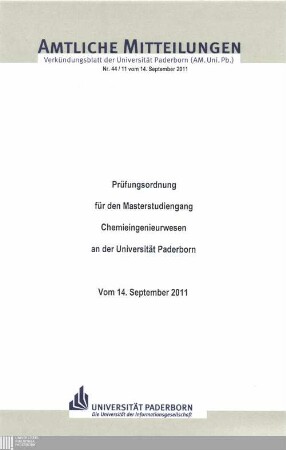 Prüfungsordnung für den Masterstudiengang Chemieingenieurwesen an der Universität Paderborn : vom 14. September 2011