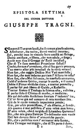 Epistola Settima Del Signor Dottore Guiseppe Tragni.