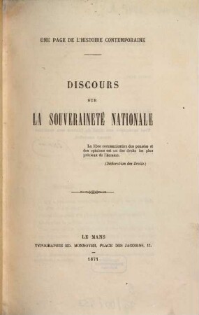 Discours sur la souveraineté nationale : une page de l'histoire contemporaine