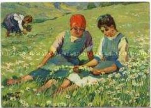 Mädchen binden einen Blütenkranz