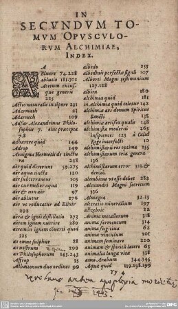 SECUNDUM TOMUM OPUSCLORUM ALCHIMIAE, INDEX.