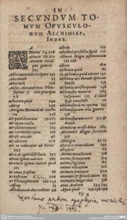 SECUNDUM TOMUM OPUSCLORUM ALCHIMIAE, INDEX.