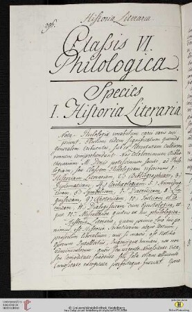 Classis VI. Philologica. Species I. Historia Literaria
