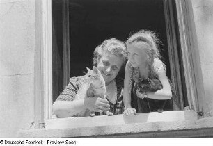 Frau und Mädchen mit Katzen an einem Fenster