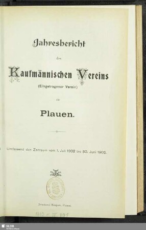 1902/03(1903): Jahresbericht des Kaufmännischen Vereins zu Plauen i. V.