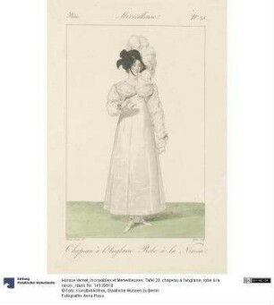 Incroyables et Merveilleuses: Tafel 28: chapeau à l'anglaise, robe à la ninon.