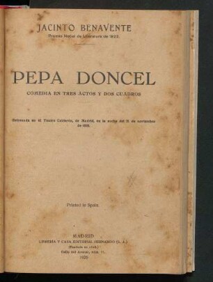 Pepa Doncel : Comedia en tres actos y dos cuadros