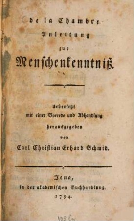 De la Chambre. Anleitung zur Menschenkenntniß