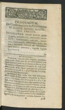 Prooemium. De Confirmatione Institutionum. In Nomine Domini Nostri Iesu Christi.