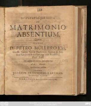 Disputatio Iuridica De Matrimonio Absentium