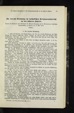 ¬Die¬ sexuelle Erziehung im katholischen Religionsunterricht an den höheren Schulen : Referat auf der Versammlung katholischer Religionslehrer zu Breslau am 13. Mai 1910 ; (Schluß)