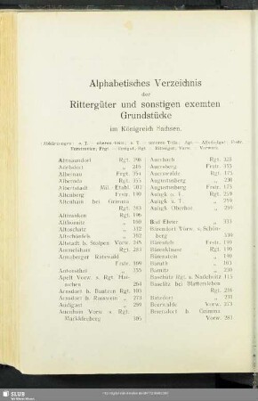 Alphabetisches Verzeichnis der Rittergüter und sonstigen exemten Grundstücke im Königreich Sachsen