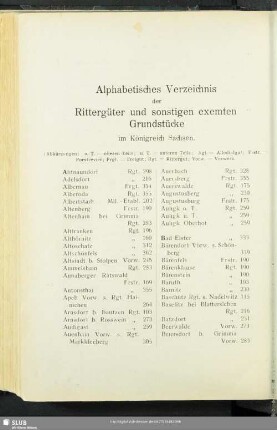 Alphabetisches Verzeichnis der Rittergüter und sonstigen exemten Grundstücke im Königreich Sachsen